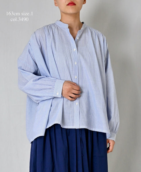 NSL26011 80s COTTON VOILE STRIPE BANDED COLLAR GATHER SHIRT