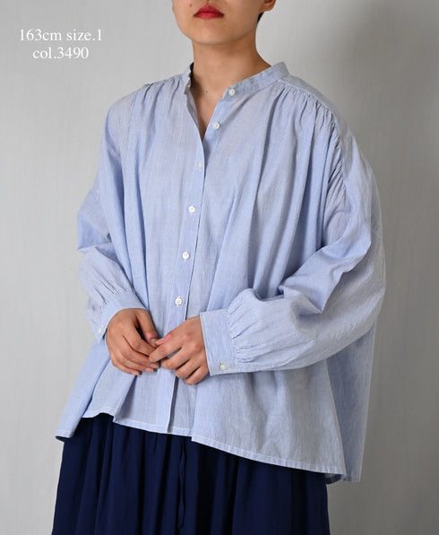 NSL26011 80s COTTON VOILE STRIPE BANDED COLLAR GATHER SHIRT