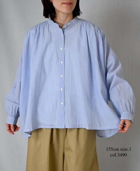 NSL26011 80s COTTON VOILE STRIPE BANDED COLLAR GATHER SHIRT