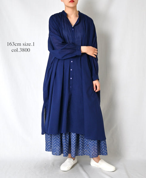 NSL26024 80s COTTON VOILE PLAIN BANDED COLLAR GATHERED SHIRT DRESS