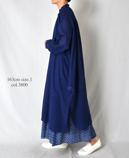 NSL26024 80s COTTON VOILE PLAIN BANDED COLLAR GATHERED SHIRT DRESS