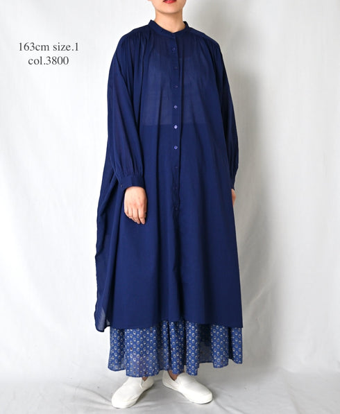 NSL26024 80s COTTON VOILE PLAIN BANDED COLLAR GATHERED SHIRT DRESS