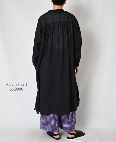 NSL26024 80s COTTON VOILE PLAIN BANDED COLLAR GATHERED SHIRT DRESS
