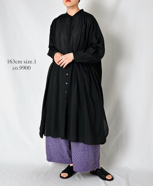 NSL26024 80s COTTON VOILE PLAIN BANDED COLLAR GATHERED SHIRT DRESS