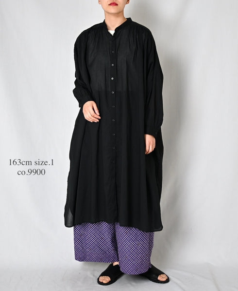NSL26024 80s COTTON VOILE PLAIN BANDED COLLAR GATHERED SHIRT DRESS