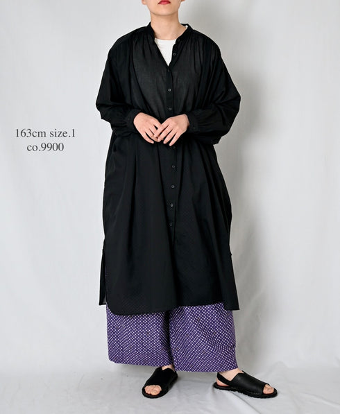 NSL26024 80s COTTON VOILE PLAIN BANDED COLLAR GATHERED SHIRT DRESS