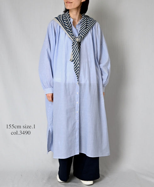 NSL26014 80s COTTON VOILE STRIPE BANDED COLLAR GATHER SHIRT DRESS
