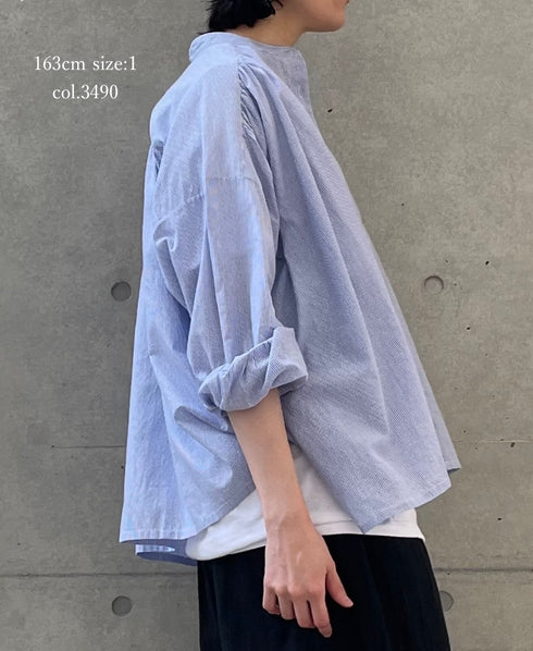 NSL26011 80s COTTON VOILE STRIPE BANDED COLLAR GATHER SHIRT