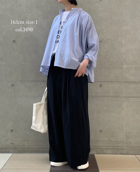 NSL26011 80s COTTON VOILE STRIPE BANDED COLLAR GATHER SHIRT