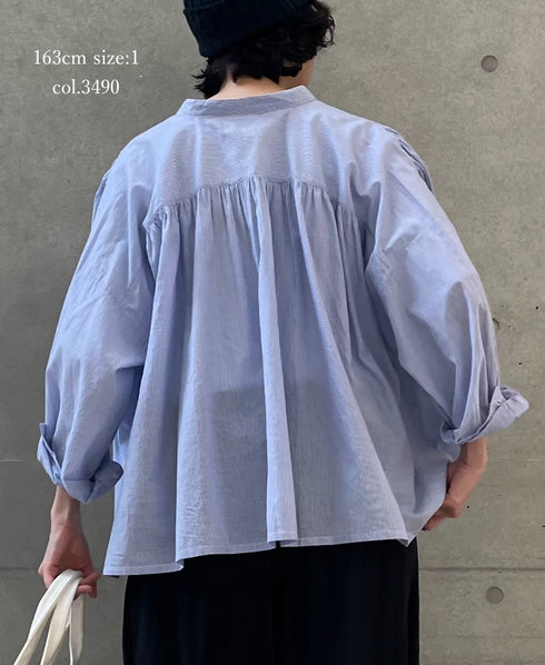 NSL26011 80s COTTON VOILE STRIPE BANDED COLLAR GATHER SHIRT