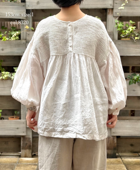 INMDS26003D 60s AUTOLOOM LINEN PLAIN OVERDYE BACK OPENING PULLOVER WITH MINI PINTUCK