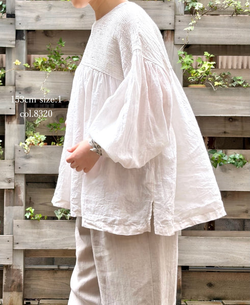 INMDS26003D 60s AUTOLOOM LINEN PLAIN OVERDYE BACK OPENING PULLOVER WITH MINI PINTUCK