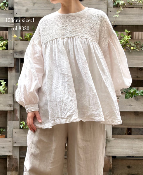 INMDS26003D 60s AUTOLOOM LINEN PLAIN OVERDYE BACK OPENING PULLOVER WITH MINI PINTUCK