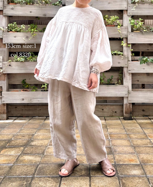 INMDS26003D 60s AUTOLOOM LINEN PLAIN OVERDYE BACK OPENING PULLOVER WITH MINI PINTUCK
