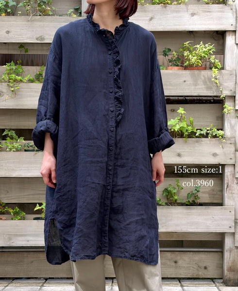INMDS26002D 60s AUTOLOOM LINEN PLAIN OVERDYE FRILL COLLAR LONG SHIRTS