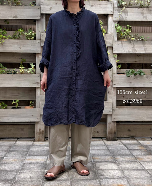 INMDS26002D 60s AUTOLOOM LINEN PLAIN OVERDYE FRILL COLLAR LONG SHIRTS
