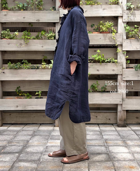 INMDS26002D 60s AUTOLOOM LINEN PLAIN OVERDYE FRILL COLLAR LONG SHIRTS