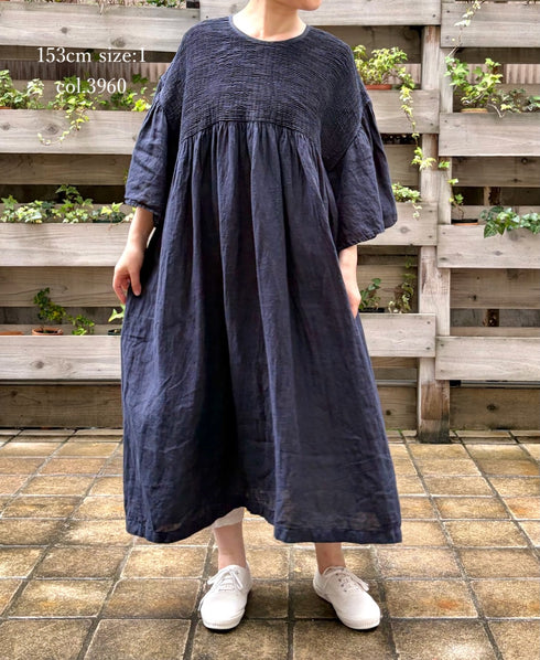 INMDS26004D 60s AUTOLOOM LINEN PLAIN OVERDYE BACK OPENING PULLOVER DRESS WITH MINI PINTUCK
