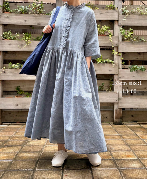 INMDS26042 HANDWOVEN YARN DYE CHAMBRAY FRILL COLLAR SHIRTS DRESS WITH RAJASTHAN GATHER