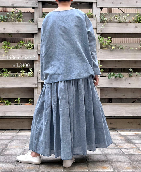 INMDS26043 HANDWOVEN YARN DYE CHAMBRAY PINTUCK FLARED SKIRT