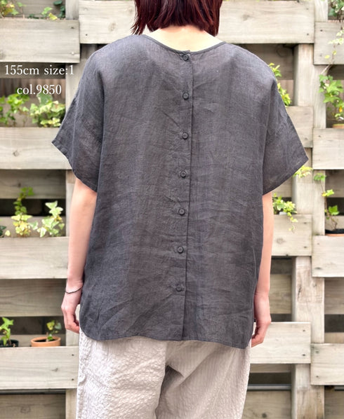 NMDS25242 80s POWER LOOM LINEN PLAIN BACK OPENING CREW-NECK S/SL EMB SHIRT