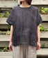 NMDS25242 80s POWER LOOM LINEN PLAIN BACK OPENING CREW-NECK S/SL EMB SHIRT