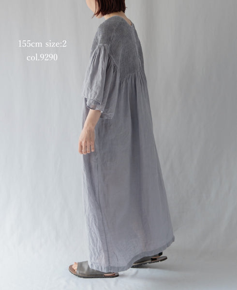 INMDS26004D 60s AUTOLOOM LINEN PLAIN OVERDYE BACK OPENING PULLOVER DRESS WITH MINI PINTUCK
