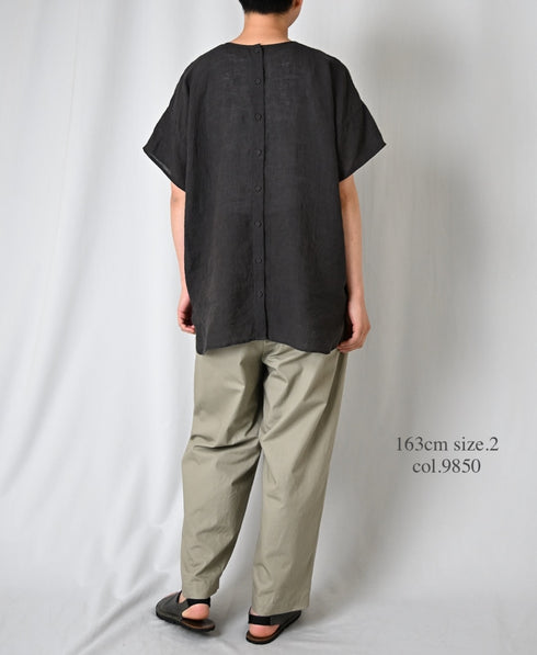 NMDS25242 80s POWER LOOM LINEN PLAIN BACK OPENING CREW-NECK S/SL EMB SHIRT