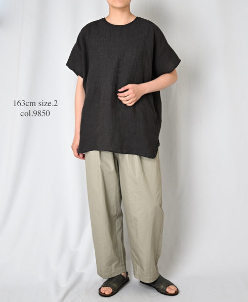 NMDS25242 80s POWER LOOM LINEN PLAIN BACK OPENING CREW-NECK S/SL EMB SHIRT