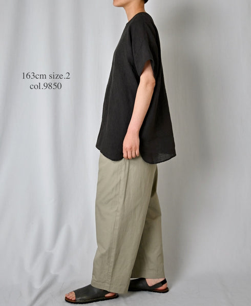 NMDS25242 80s POWER LOOM LINEN PLAIN BACK OPENING CREW-NECK S/SL EMB SHIRT