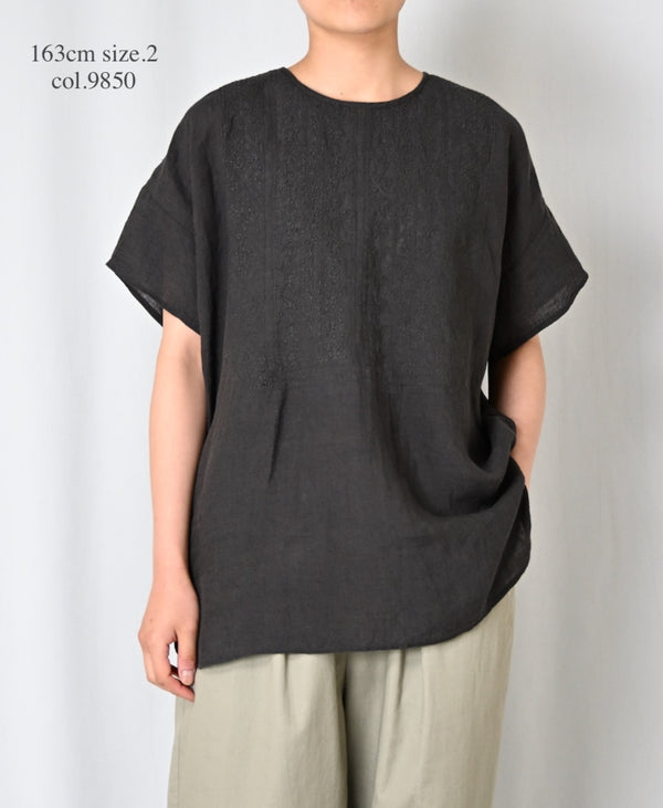 NMDS25242 80s POWER LOOM LINEN PLAIN BACK OPENING CREW-NECK S/SL EMB SHIRT