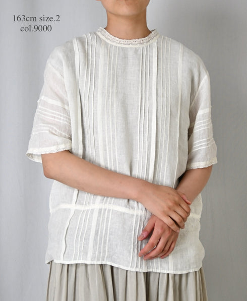 NMDS26271 80s POWER LOOM LINEN PLAIN LACE PINTUCK HALF/SLEEVE 2WAY SHIRT