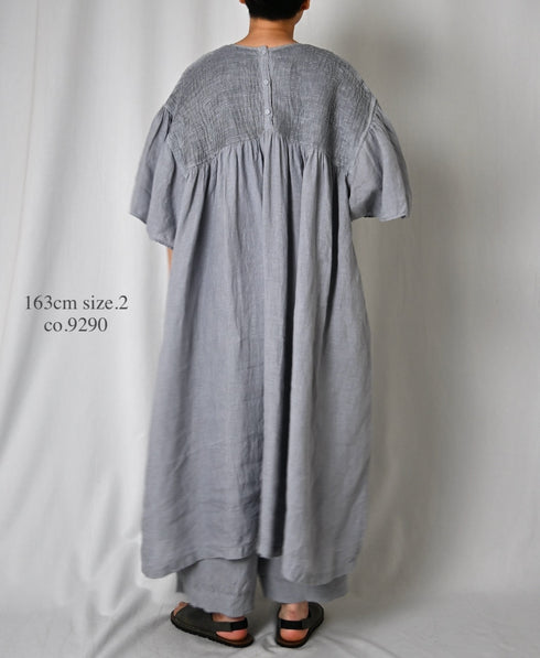INMDS26004D 60s AUTOLOOM LINEN PLAIN OVERDYE BACK OPENING PULLOVER DRESS WITH MINI PINTUCK