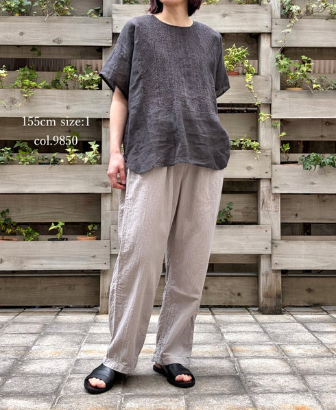 NMDS25242 80s POWER LOOM LINEN PLAIN BACK OPENING CREW-NECK S/SL EMB SHIRT