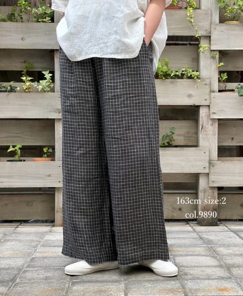 NMDS26285 80s POWER LOOM LINEN CHECK WIDE PANTS
