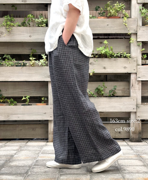 NMDS26285 80s POWER LOOM LINEN CHECK WIDE PANTS