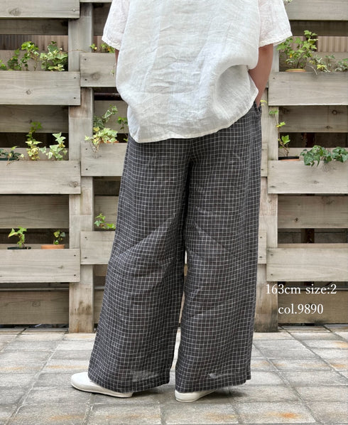 NMDS26285 80s POWER LOOM LINEN CHECK WIDE PANTS