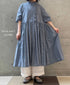 INMDS26042 HANDWOVEN YARN DYE CHAMBRAY FRILL COLLAR SHIRTS DRESS WITH RAJASTHAN GATHER
