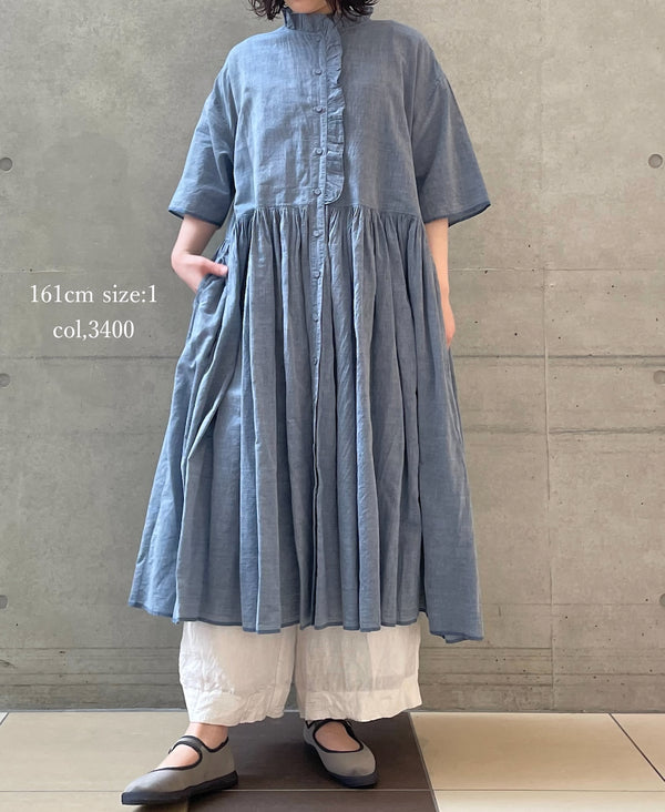 INMDS26042 HANDWOVEN YARN DYE CHAMBRAY FRILL COLLAR SHIRTS DRESS WITH RAJASTHAN GATHER