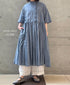 INMDS26042 HANDWOVEN YARN DYE CHAMBRAY FRILL COLLAR SHIRTS DRESS WITH RAJASTHAN GATHER