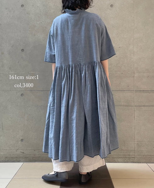 INMDS26042 HANDWOVEN YARN DYE CHAMBRAY FRILL COLLAR SHIRTS DRESS WITH RAJASTHAN GATHER