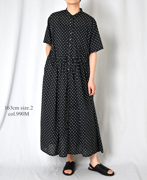 NSL26054 80s COTTON VOILE DOT PRINT BANDED COLLAR S/SL DRESS