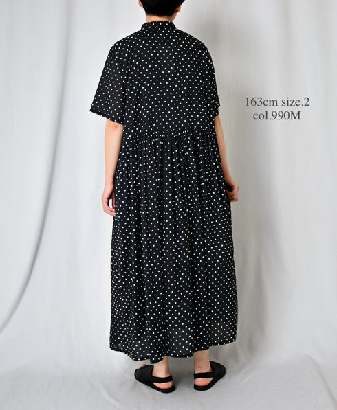 NSL26054 80s COTTON VOILE DOT PRINT BANDED COLLAR S/SL DRESS