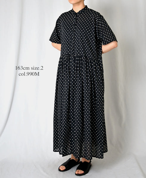 NSL26054 80s COTTON VOILE DOT PRINT BANDED COLLAR S/SL DRESS