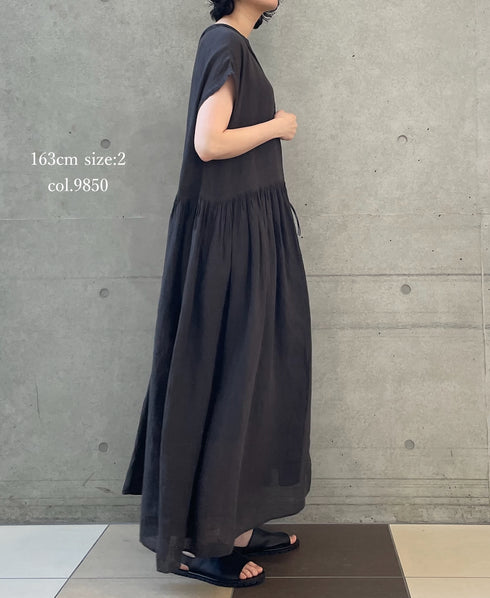 NMDS26272 80s POWER LOOM LINEN PLAIN BOAT-NECK LACE PULLOVER DRESS