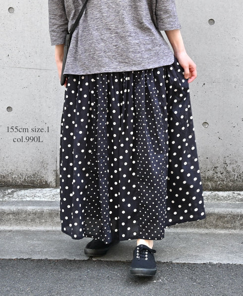 NSL26057 80s COTTON VOILE DOT PRINT PATCHWORK GATHERED SKIRT