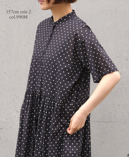 NSL26054 80s COTTON VOILE DOT PRINT BANDED COLLAR S/SL DRESS