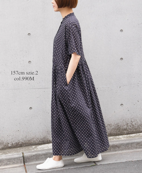 NSL26054 80s COTTON VOILE DOT PRINT BANDED COLLAR S/SL DRESS