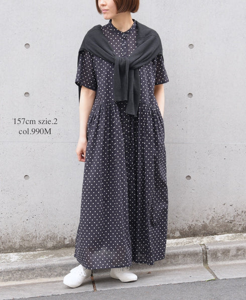 NSL26054 80s COTTON VOILE DOT PRINT BANDED COLLAR S/SL DRESS