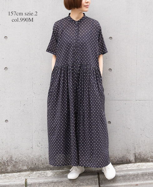 NSL26054 80s COTTON VOILE DOT PRINT BANDED COLLAR S/SL DRESS